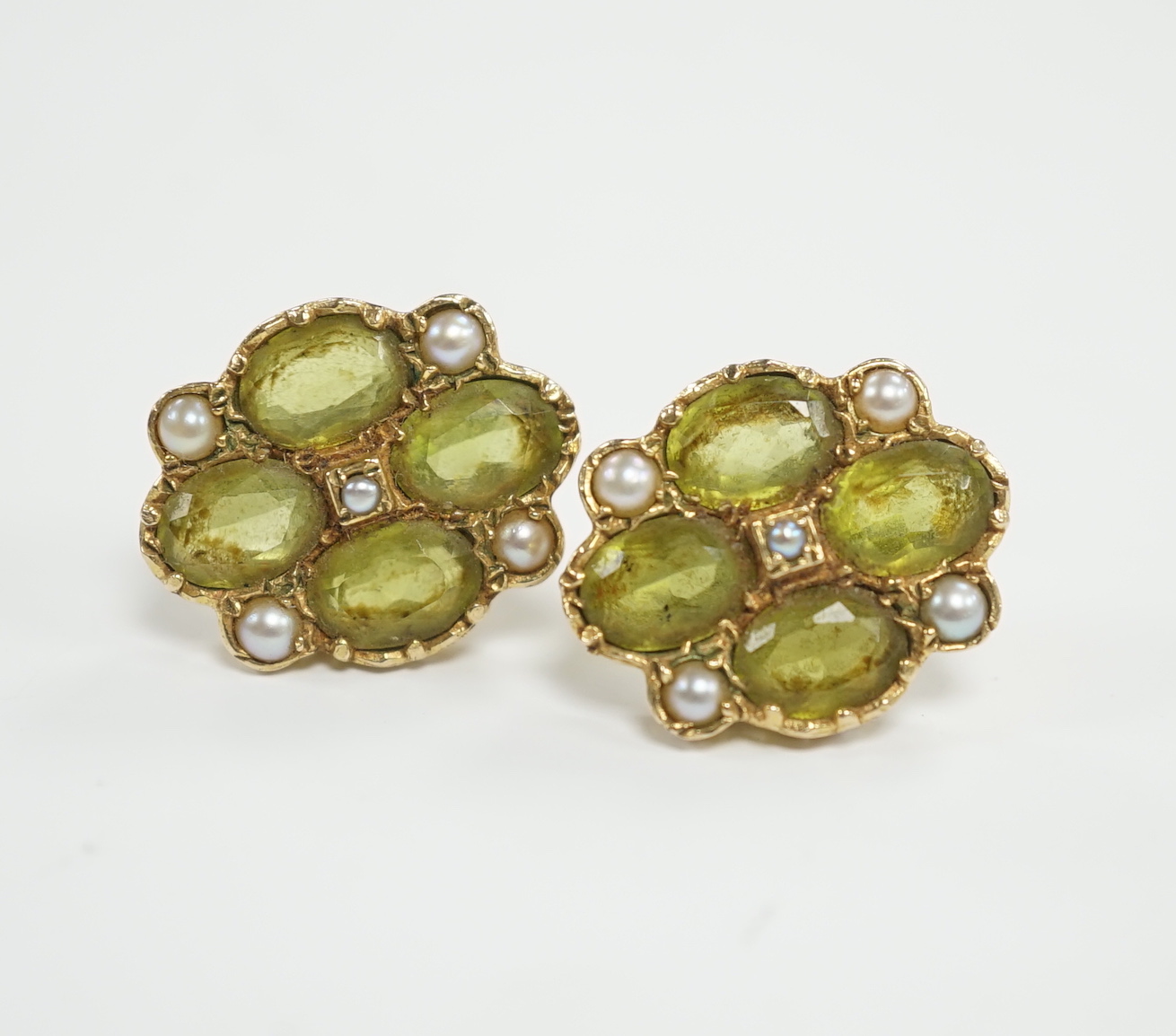 A pair of yellow metal, peridot and split pearl cluster set ear studs, 17mm, gross weight 6.1 grams.